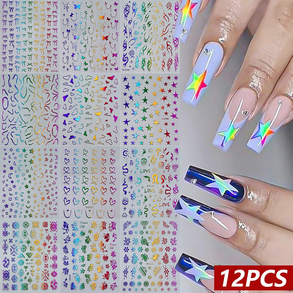 12 pegatinas 3D láser de plata con forma de estrella, corazón, líneas geométricas para uñas, pentagrama, luna, serpiente, flor, autoadhesivas para manicura