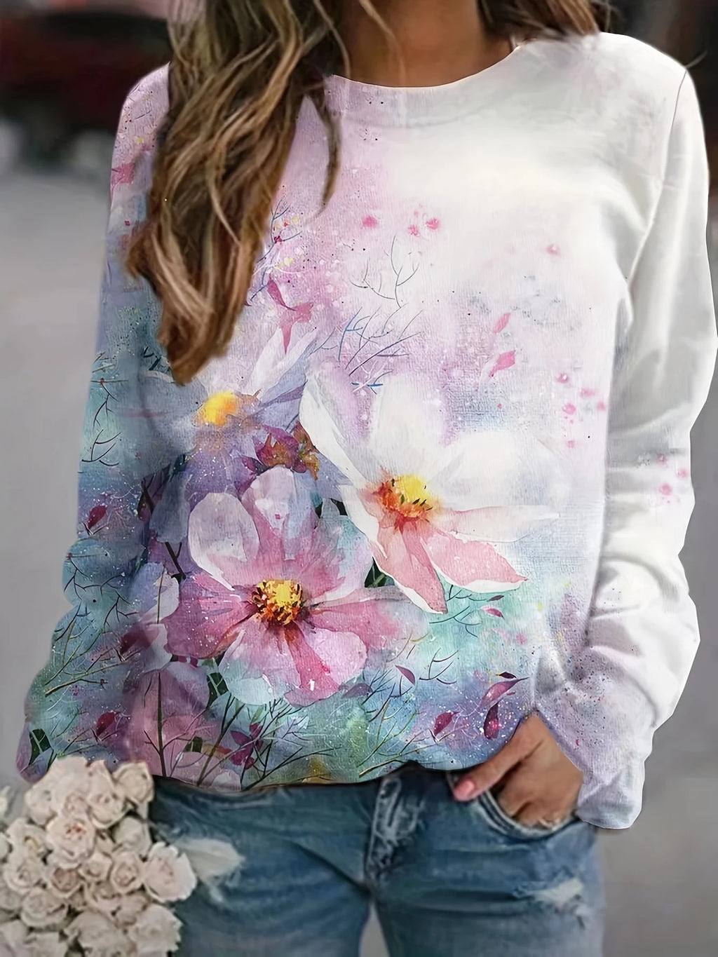 Fashion Women's Sweatshirt Floral Graphic Print Sweatshirt for Women Casual Long Sleeve Crew Neck Pullover y2k Women's Clothing