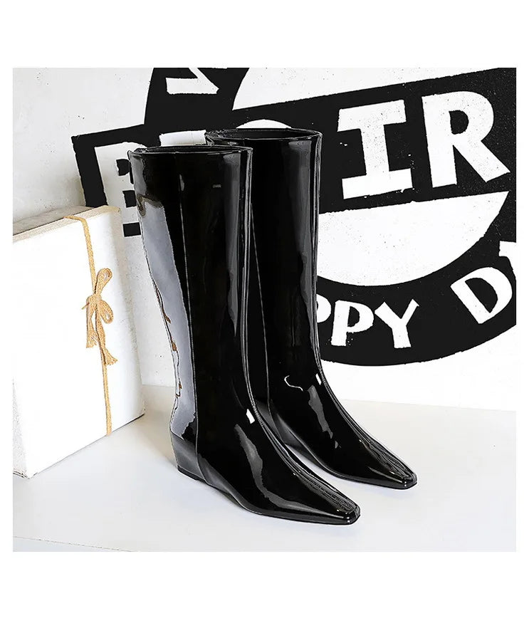 BIGTREE New Black Wedge Heels Women Modern Boots Female Shoes 2025 Fashion Luxury Pointed Toe Ladies Long Knee Western Boots