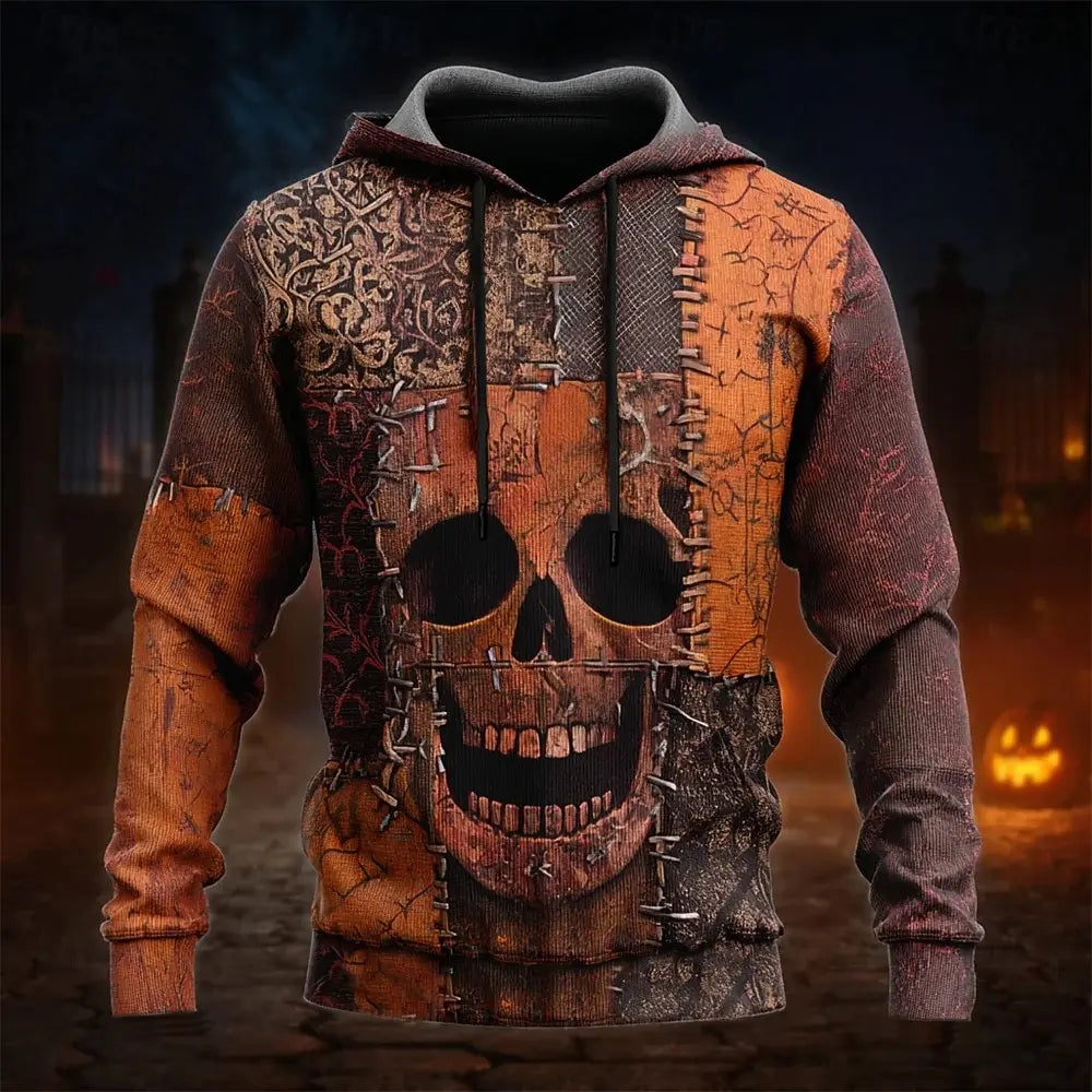 Halloween Men's Horror Face Hoodie Sweatshirt Punk Exaggerated Crew Neck Club Streetwear Yellow Orange Drawstring Fall Winter