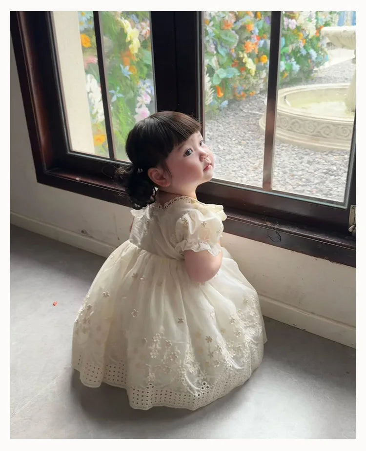 Girls' French Lolita Princess Dress, New Summer Style One-Year-Old Dress, White Cute Little Girl's Beautiful Short-Sleeved Dress