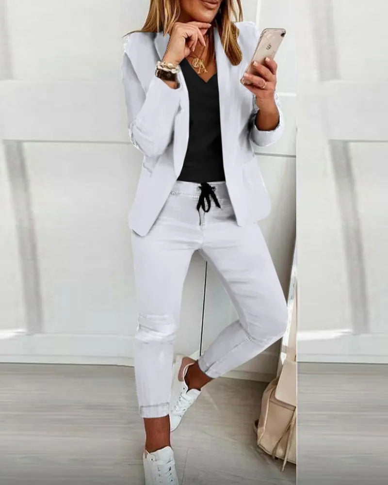 Traje de oficina formal de dos piezas para mujer 2026, conjunto de blazer y pantalón ajustado con bolsillo, solapa, conjuntos de oficina para mujer, chándal de 2 piezas