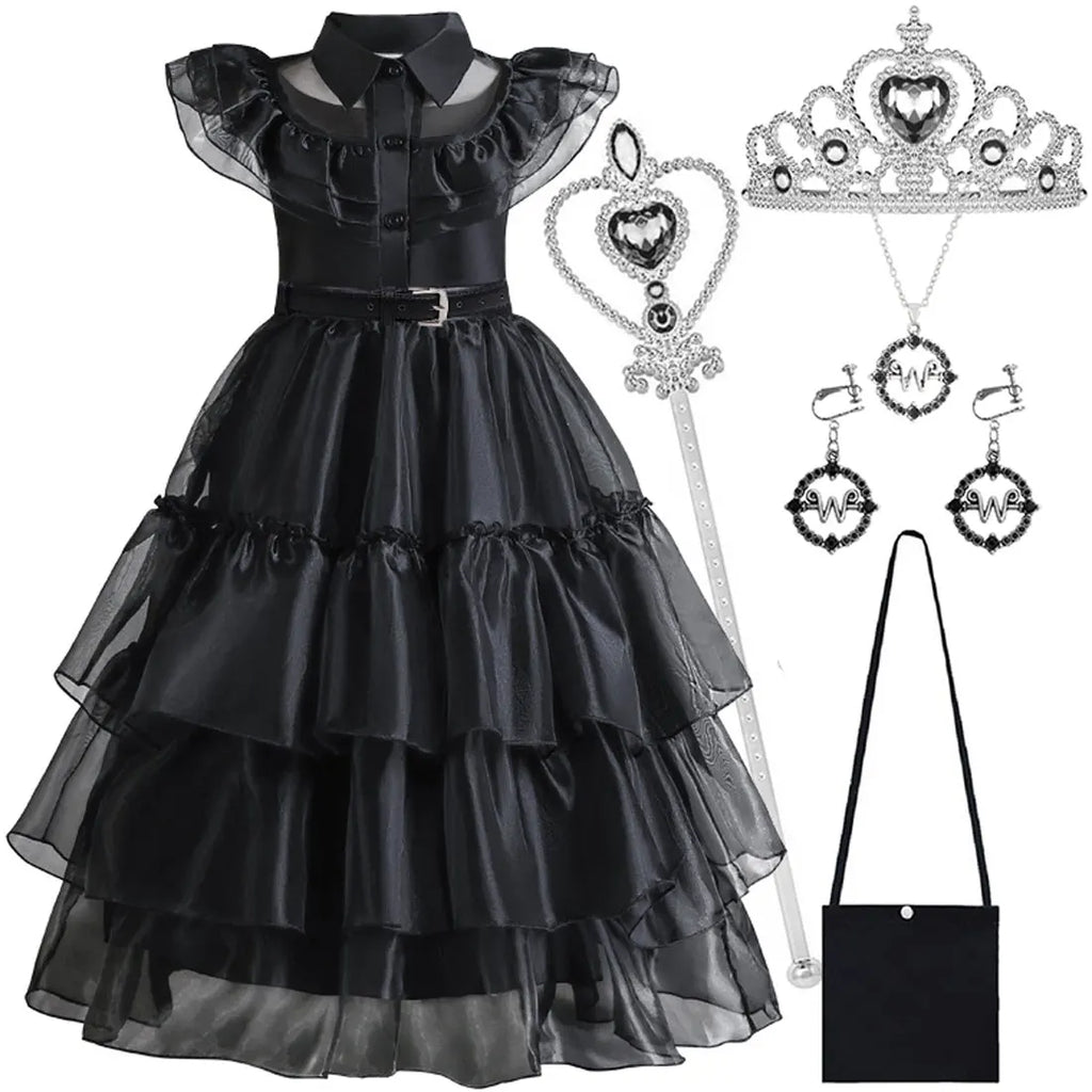 2026 Halloween Festival Popular Black Dress Girls Cosplay Short Sleeve Ruffles Clothing With Belt + Accessories Set Gift