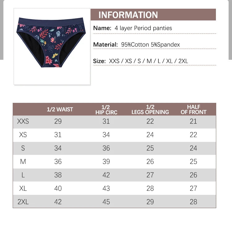 For Teenager Girls Cotton Menstrual Panties Printing Fabric Underwear 4-Layer Medium Flow Absorption Ladies Period Briefs