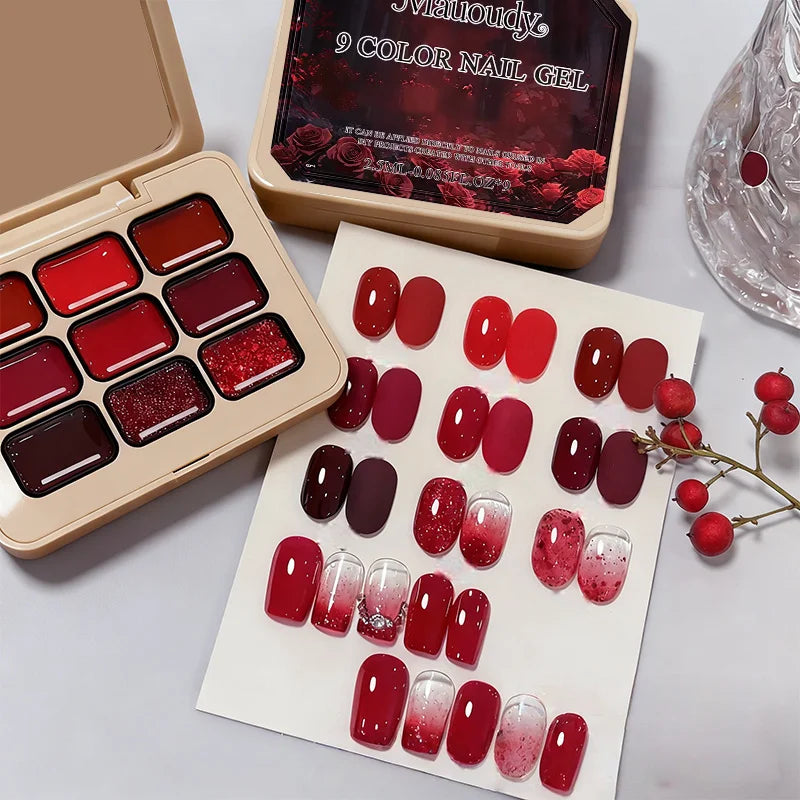9-Color Wine Red Sticky Solid Nail Polish Set - New Trends: Tomato Red, Cherry Red, Solid Nine-Square Grid Nail Polish