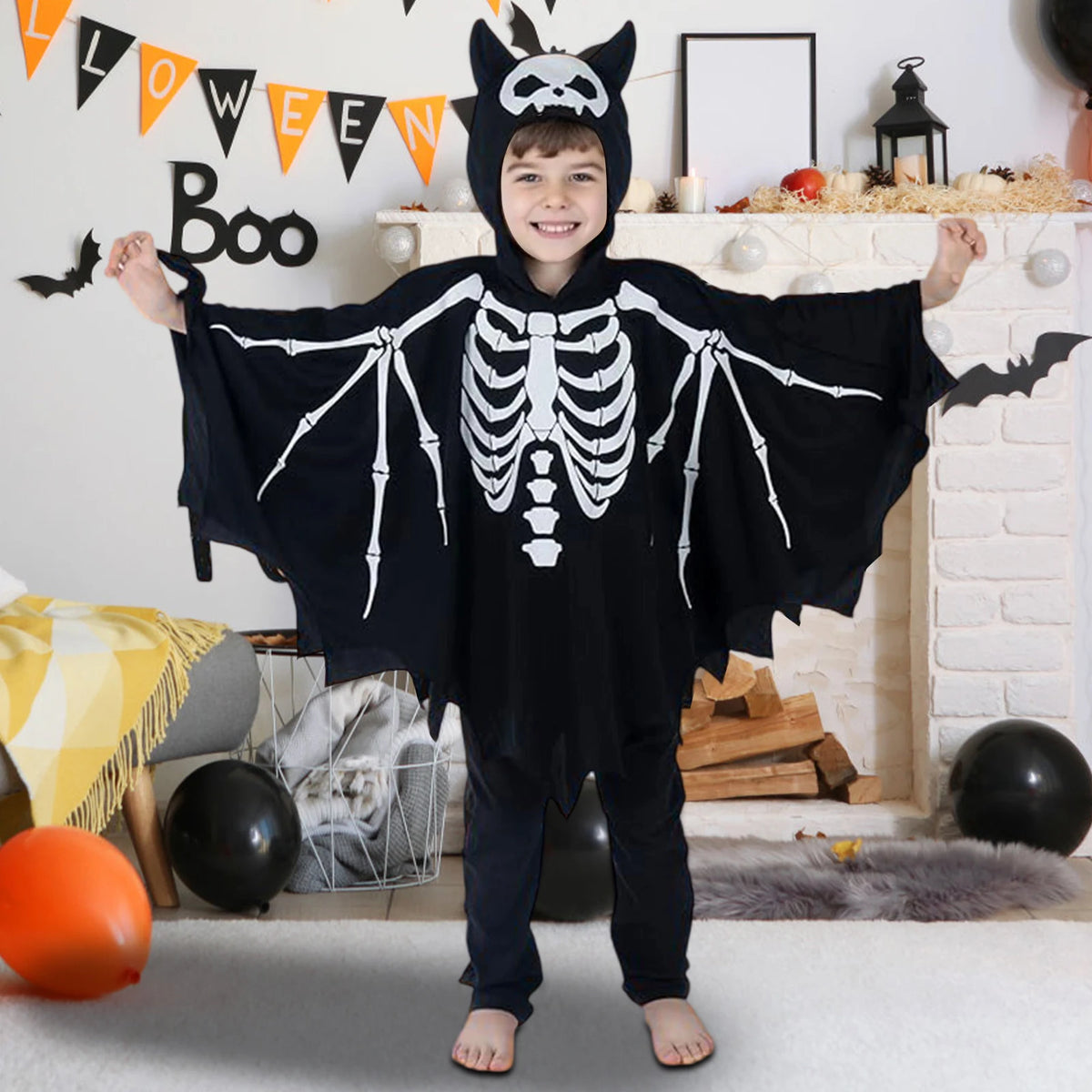 Halloween Costume for Boys Creative Skeleton/Bat Hooded Jumpsuit for Cosplay Party