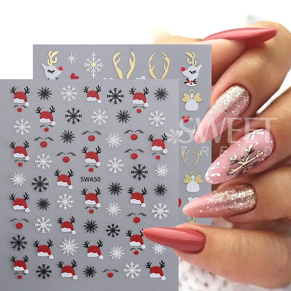 2pcs 3D Gold Silver Elk Nail Art Stickers Cartoon Christmas Snowflakes Decal DIY Star Heart Nail Art Manicure Decoration Decals