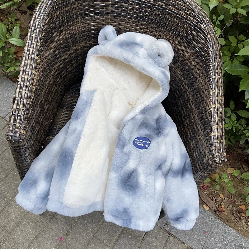 New Winter Thick Keep Warm Boys Jacket Cute Lettle Ear Plush Style Hooded Heavy Coat For Kids Children Cold Resistant Clothing