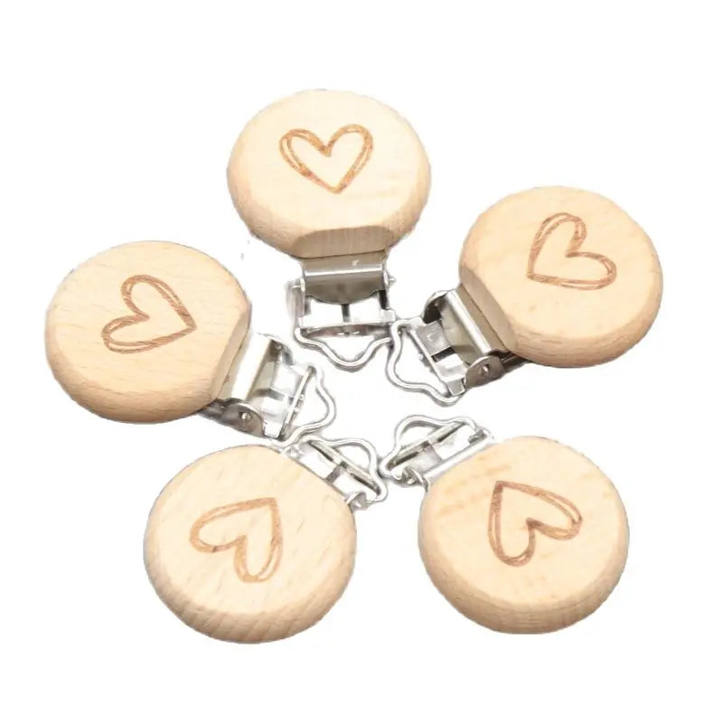 5Pcs Round Printing Beech Wood Teething Clip Chew Soother Pacifier Clip Chain For Nipple Chain Clip Nursing Product Wholesale