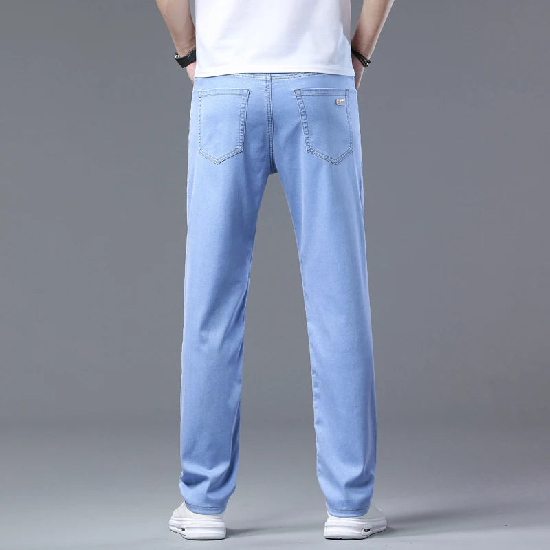 2025 Summer New Men's Light Blue Slim Stretch Jeans Lyocell Thin Style Fashion Casual Ice silk Denim Pants Male Brand Trousers