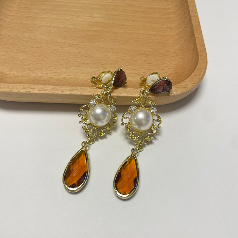 Vintage Elegant Baroque Pearl Ear Clips Earring Jewelry Temperament Long Water Drop Crystal Clip on Earrings Without Piercing