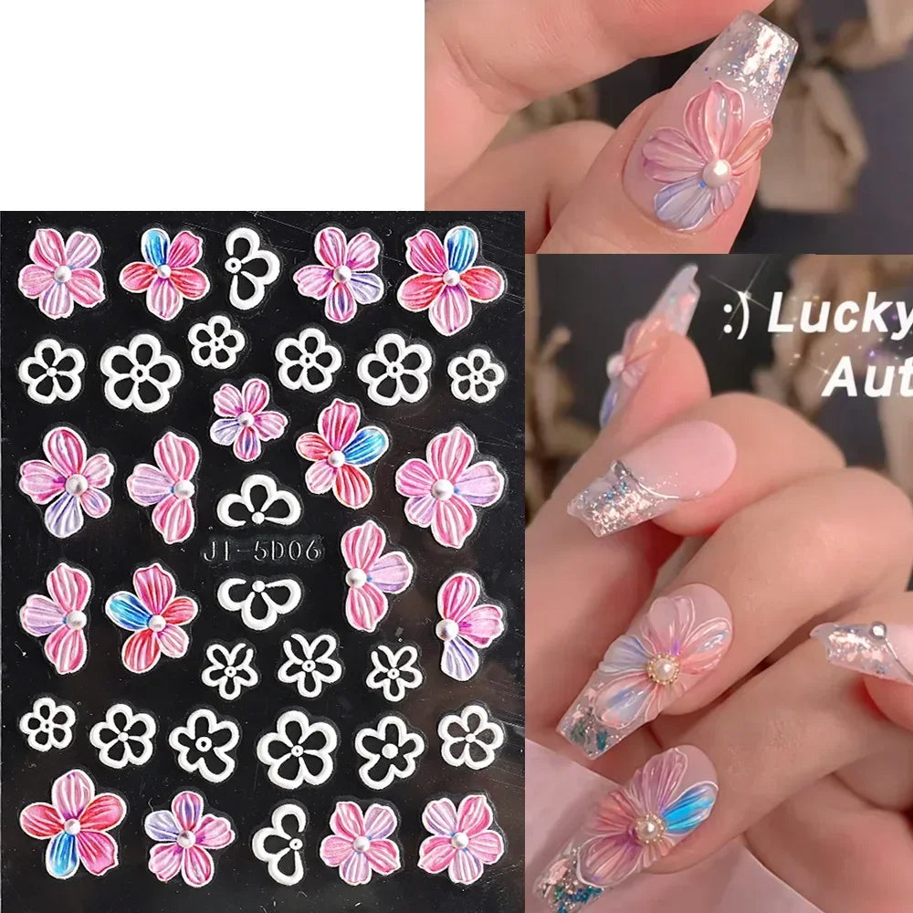 5D Nail Stickers Flowers Geometric Lines Decor Acrylic Embossed Sliders Gold Frame Nail Decals Cherry Blossom Manicure Nail Art