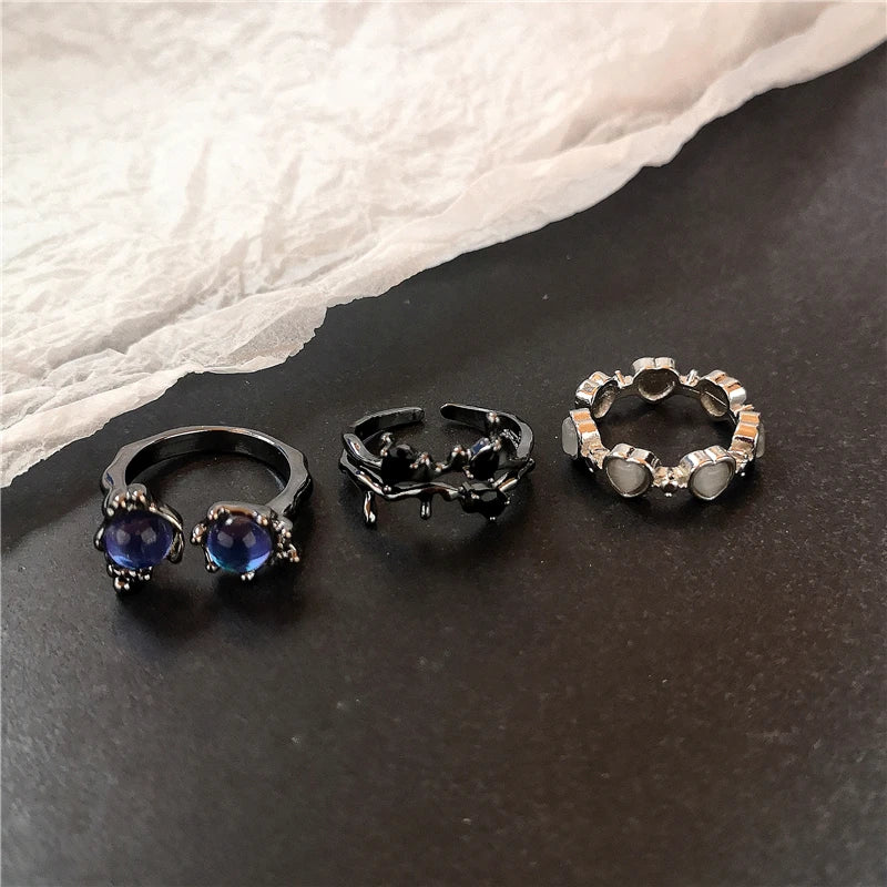 Y2K Kpop Crystal Heart Star Adjustable Irregular Geometry Punk Vintage Harajuku Rings Set For Women Girl Fashion Grunge Jewelry