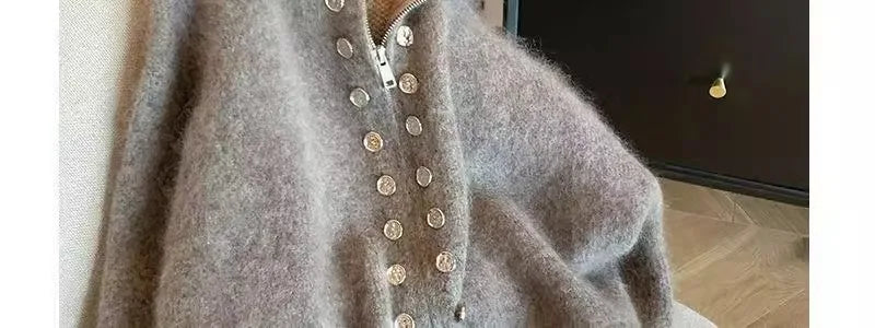 Grey Vintage Sweater Cardigans For Women Autumn New High Collar Double Breasted Knitted Coats Simple Elegant Female Knitwear Top