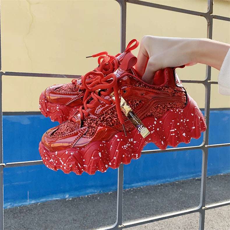 Comemore Women New Bling Platform Sneakers for Girls Casual Chunky Sneaker 6cm Thick Bottom Sports Shoes Platform Red Silver 40