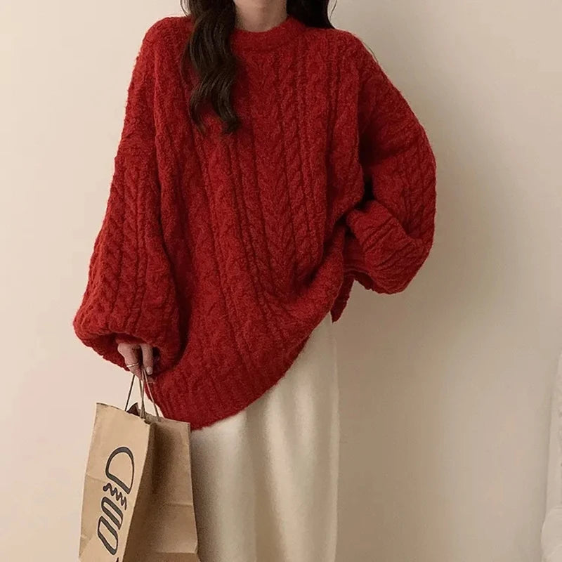 Autumn Winter Women Knit Sweater Korean Oversized Long Sleeve O Neck Pullover Fashion Solid Loose Preppy All Match Jumper Mujer