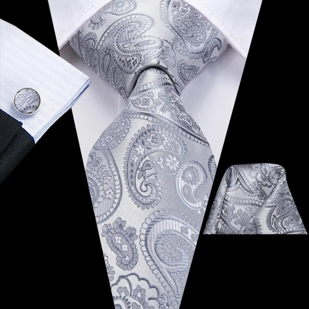 Hi-Tie White Grey Paisley 2026 New Mens Tie Hanky Cufflink Set Necktie For Men Wedding Party Business Men Tie Fashion Brand