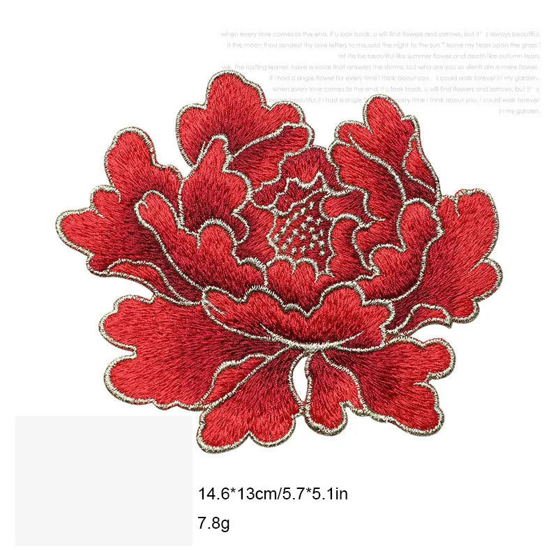 1 Piece 14.5*13cm Blue Pink Yellow Red Peony Embroidery Patch Applique Sew on Patch for Evening Dress Bag DIY Glue-free