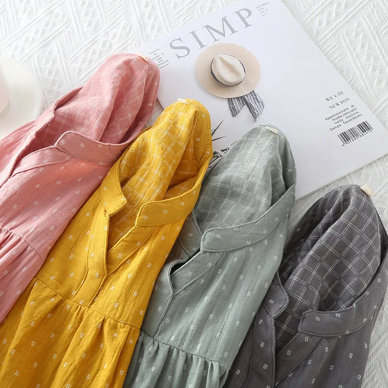 Summer Simple Cotton Double Gauze Women's Nightdress Thin Short-sleeved Home Nightgowns V-Neck Sexy Sleepwear Long Pajama Skirt