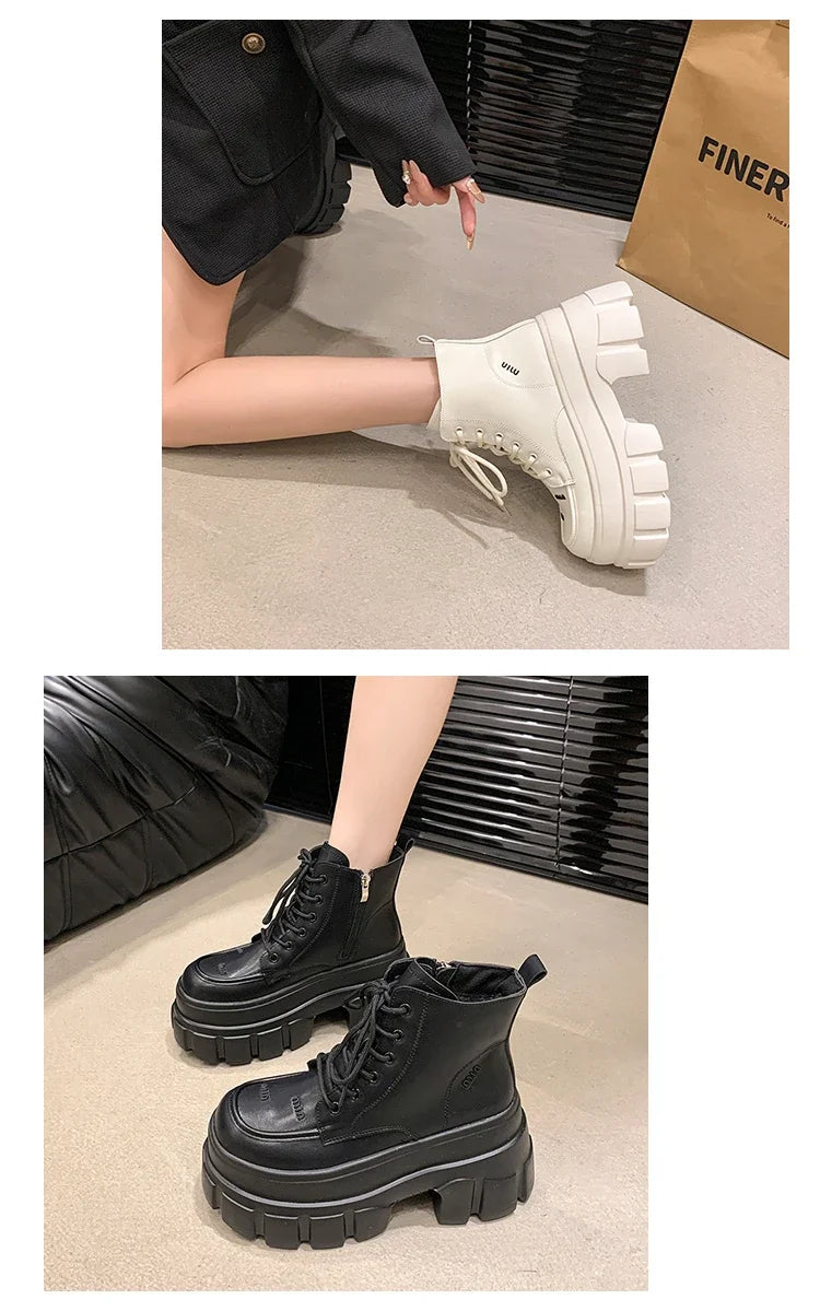 9CM Autumn High Platform Leather Boots Wedge Heels Ankle Boots Winter Women Lace-up Warm Shoes Motorcycle Chunky Sneakers Woman
