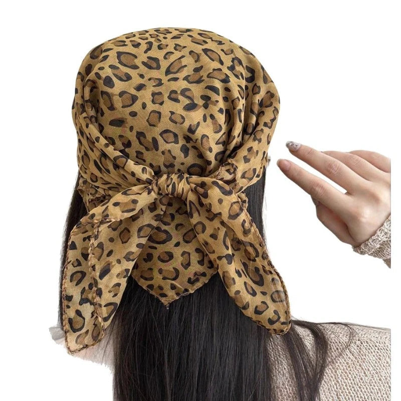 Retro Leopard Print Square Scarf for Women Satin Thin Edge Scarves Head Band Fashion Y2K Lady Hair Shawl Wrap Female Neckerchief