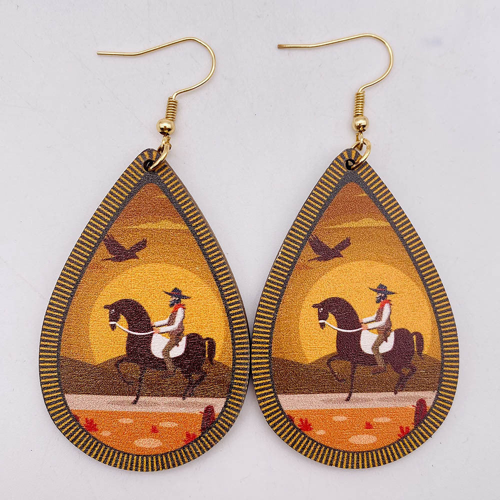 Western Cowboy Color Print Scenery Wood Teardrop Drop Earrings for Women Fashion Bronc Horse Cowgirl Cactus Sunset Art Earrings