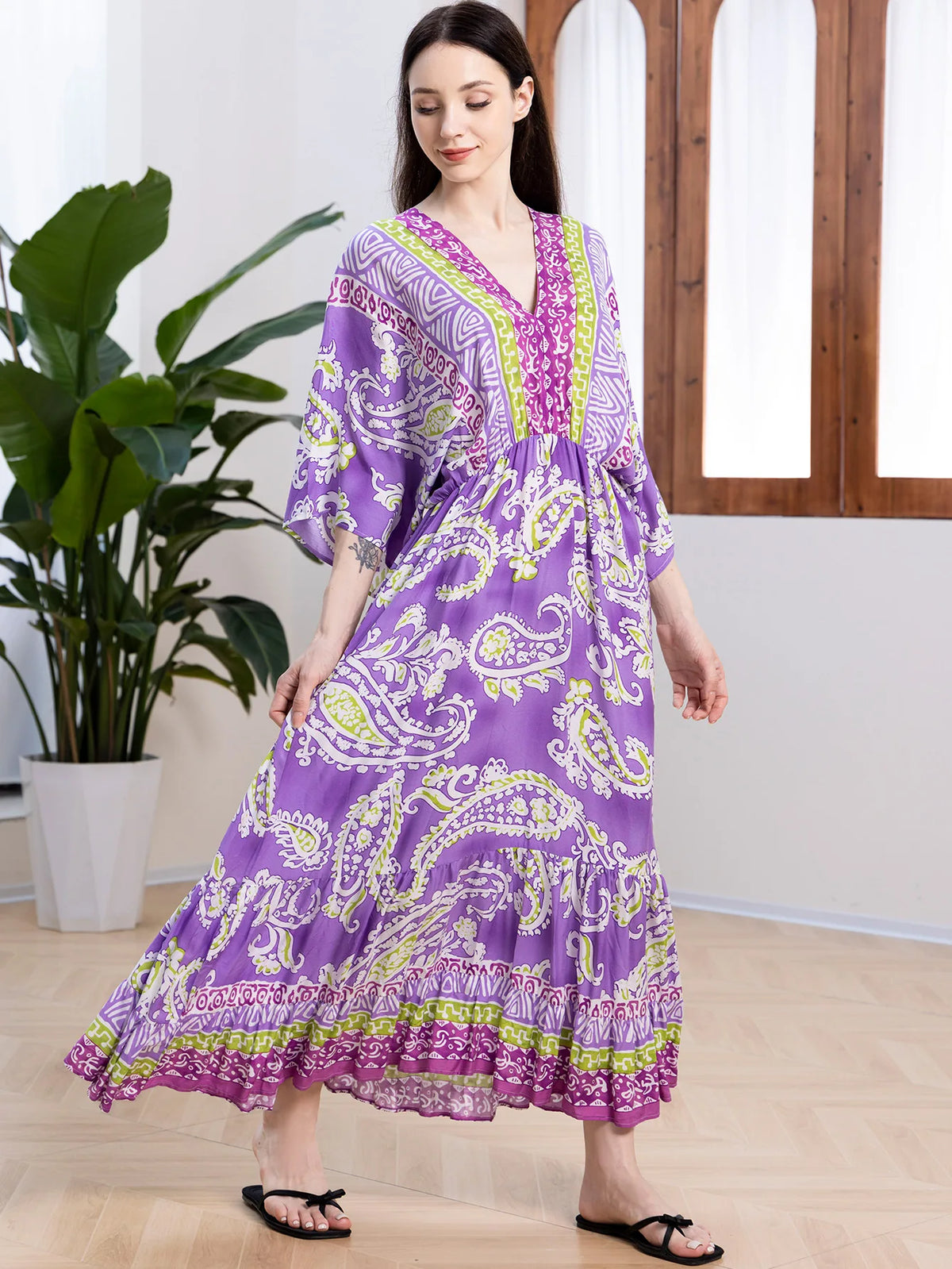Bohemian Oversize Loose Elastic Waist Maxi Dresses Women Robe Cotton Rayon Floral Printed Long Dress Summer Boho Beach Cover up