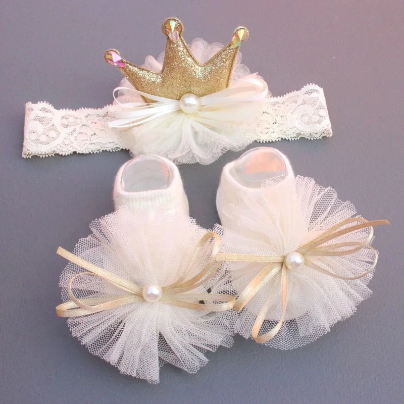 Baby Headband Sock Set, Soft and Comfortable Headband, Baby Crown Flower Headband, CHILDREN'S Boat Socks, Floor Socks