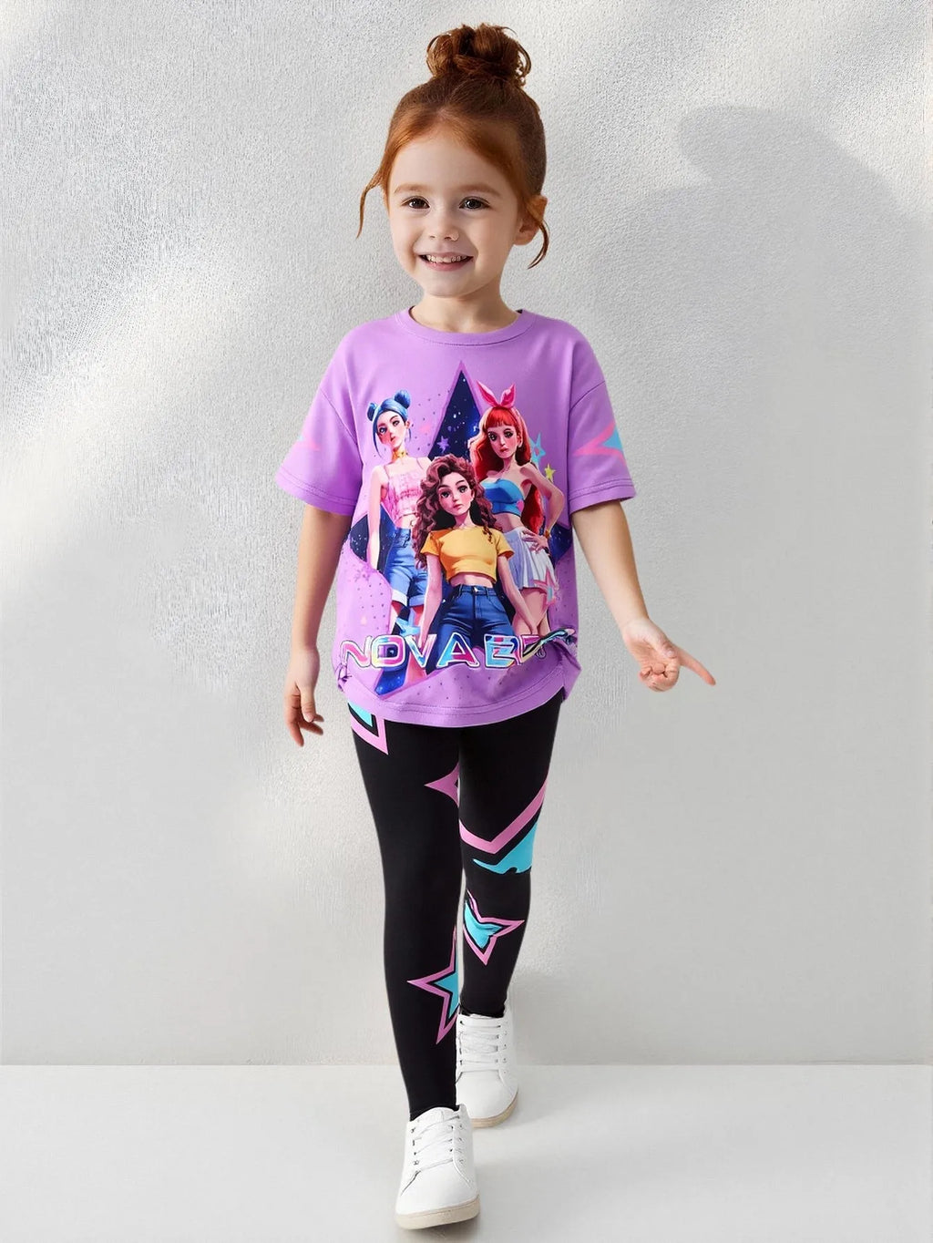 Conjunto de dos piezas de moda para niñas primavera/verano, camiseta de cuello redondo con estampado 3D de K-Pop dibujos animados anime, conjunto de pantalones ajustados