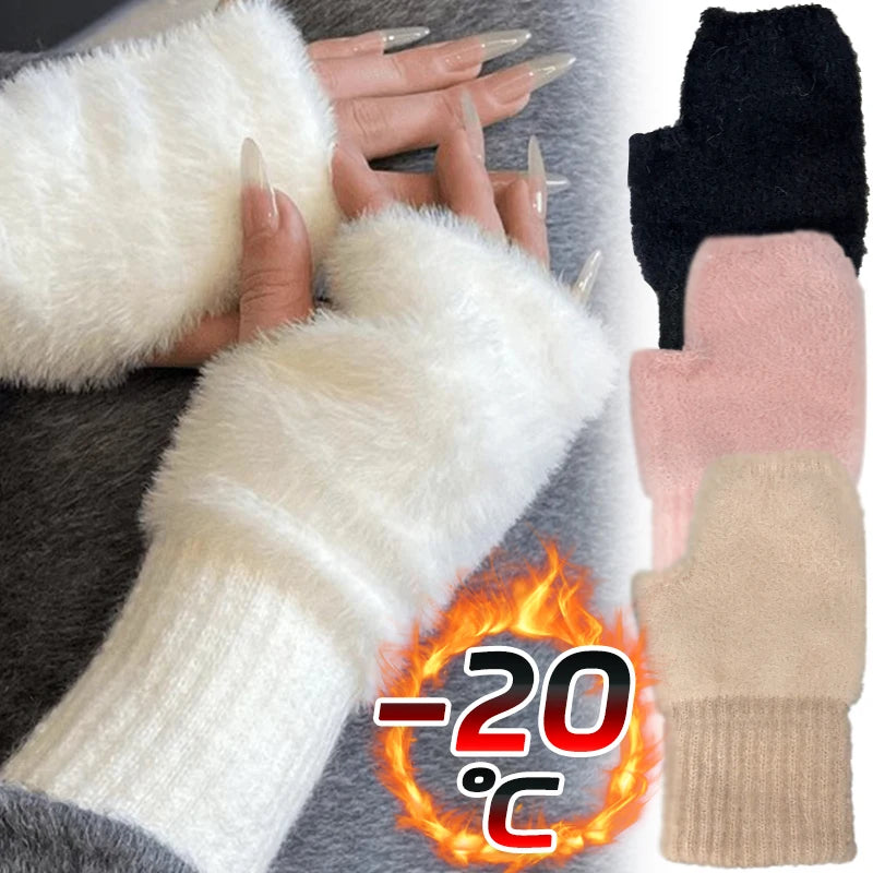 Thermal Fingerless Gloves Women Winter Freeze-proofing Breathable Plush Glove Outdoor Cycling Cold Proof Warm Half Finger Gloves