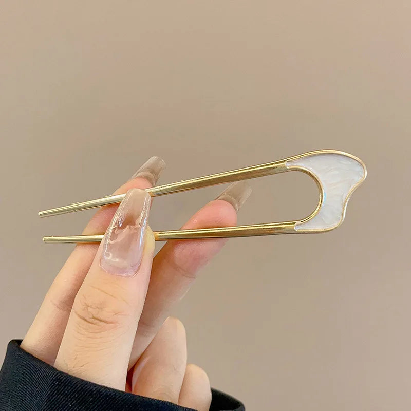 Fashion Luxury Silver Gold Color Elegant Shell Enamel Hairpin for Women Metal U Shape Hair Stick Hairwear Accessories Jewelry