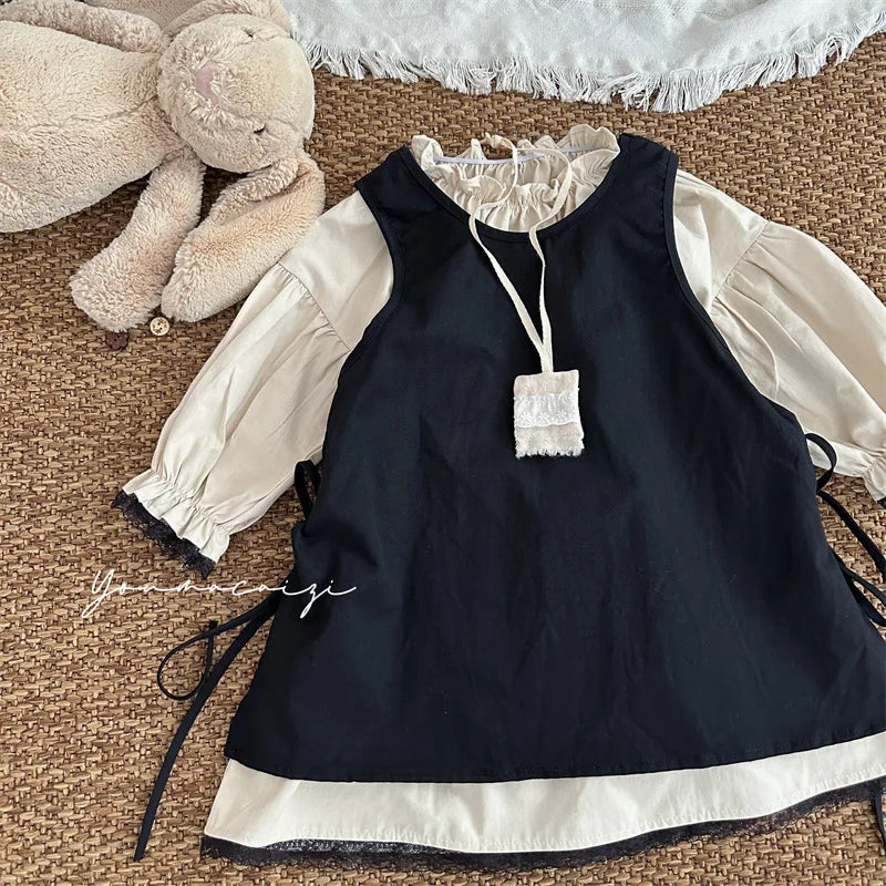 4768 Children Dress Set Spring Autumn New Retro Girl's Dress Lace Skirt 2-piece Set