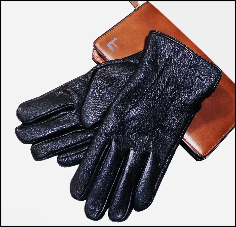 Men's and Women's High-end Buckskin Goat Leather Gloves Autumn and Winter Thin Warm Knitted Wool Lining Driving Leather Gloves