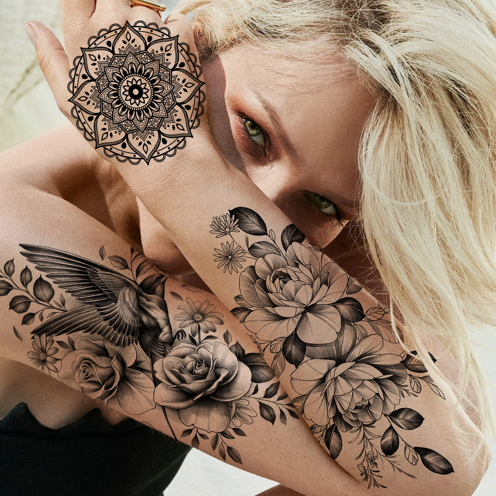 67 Sheets Black Realistic Flower Temporary Tattoos For Women Arm Thigh, 3D Rose Peony Floral Temp Tattoo Stickers Tiger Moon,