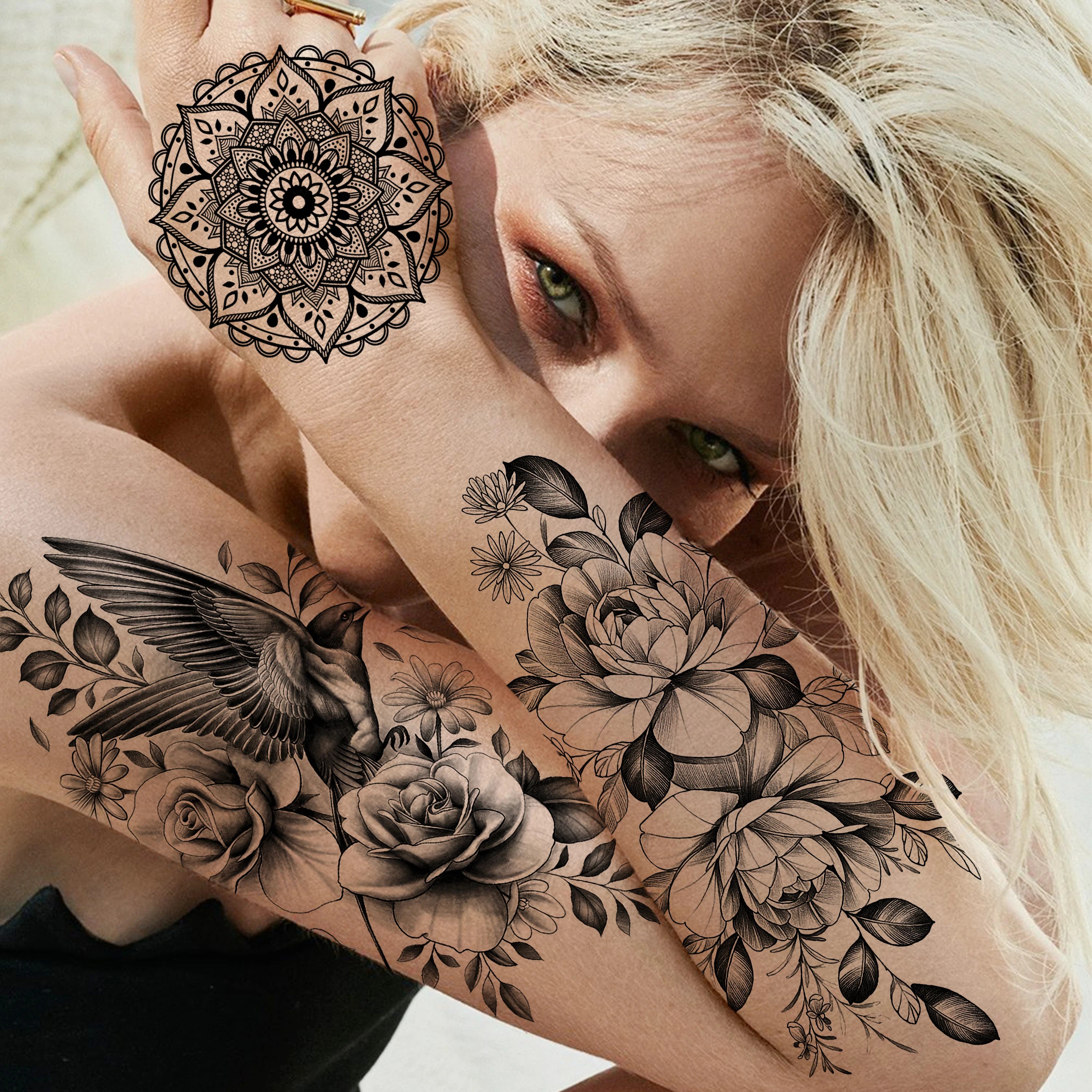 67 Sheets Black Realistic Flower Temporary Tattoos For Women Arm Thigh, 3D Rose Peony Floral Temp Tattoo Stickers Tiger Moon,