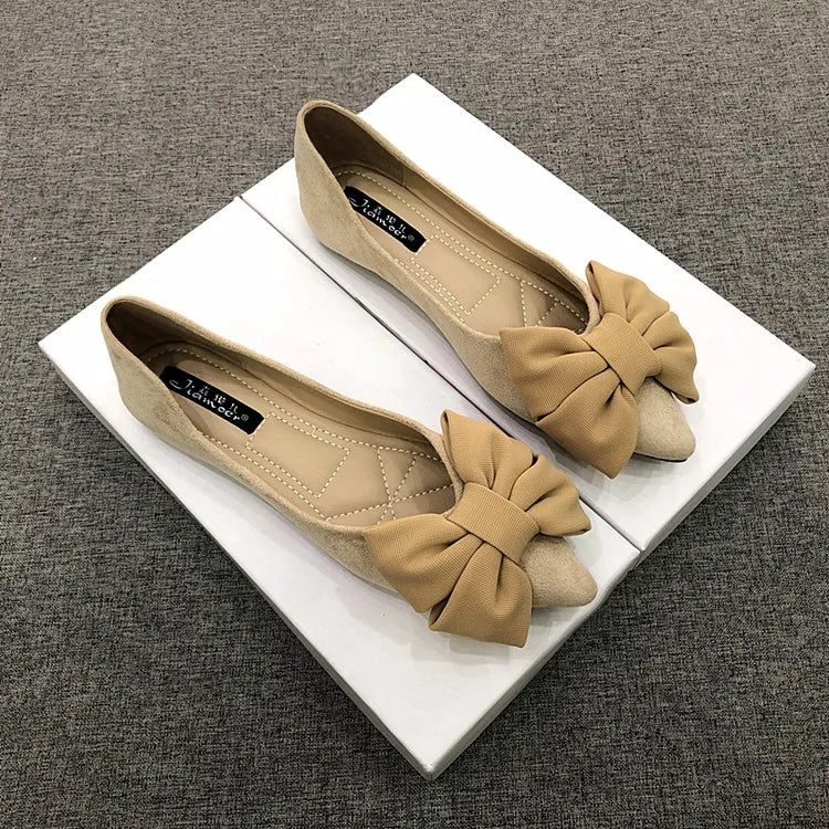 Women Flats Spring Summer Butterfly-knot Bow Velvet Flock Leather Flat Shoes for Women Black Red Apricot Zapatillas Mujer 44 45