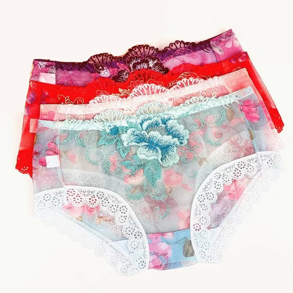 Sexy Embroidery Women Panties Lace Edge Mesh Transparent Briefs Floral Low Waist Seamless Underwear Female Underpants