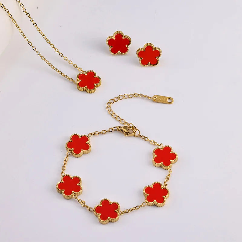 3 Piece Set Stainless Steel Bracelet Necklace Jewelry Sets Double Sided Flower Christmas Gifts Earring Gold Plated Bracelets