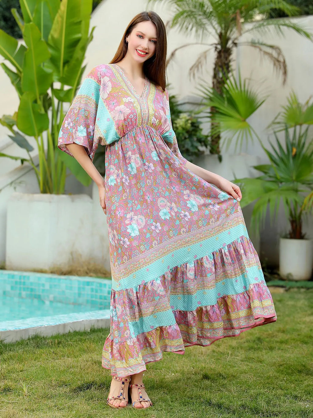 Bohemian Oversize Loose Elastic Waist Maxi Dresses Women Robe Cotton Rayon Floral Printed Long Dress Summer Boho Beach Cover up