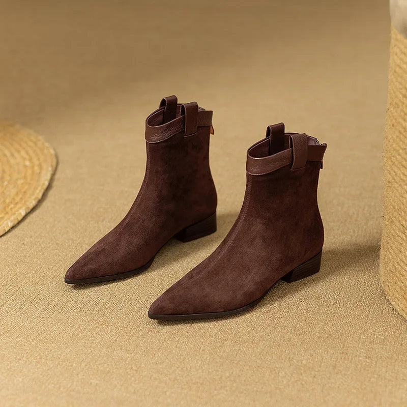 Women's Vintage Chunky Heel Ankle Boots Autumn Winter New Pointy Square Head Suede Back Zipper Soft Sole Non-slip Short Boots