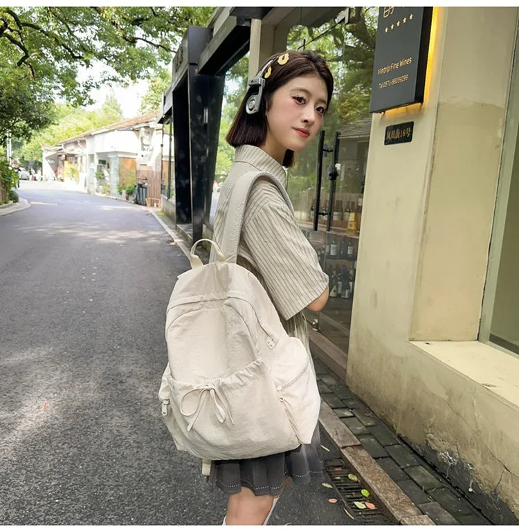 Japanese Style Student Backpack Solid Color Bow Travel School Bag Lightweight and Fashionable Women's Backpack New Simple Casual