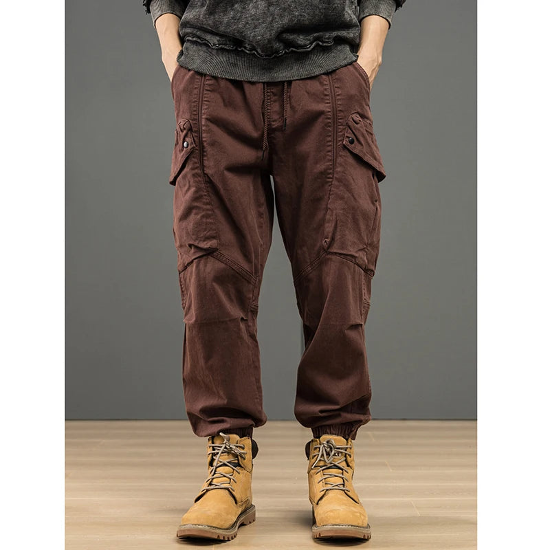 Men Cargo Ankle Pants Large Pocket Functional Loose Fitting Trousers High Street Elastic Woven Distressed Washed  Workwear Pants