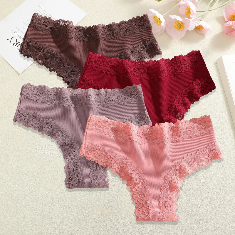 4Pc S-XL Women's Cotton Sexy Lace Brazilian Pants Seamless Low Waist Printing Breathable Underwear Ladies Lace Patchwork Panties