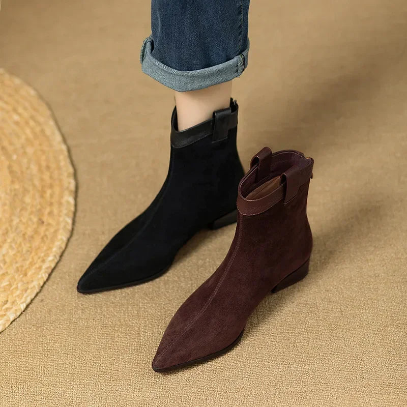 Women's Vintage Chunky Heel Ankle Boots Autumn Winter New Pointy Square Head Suede Back Zipper Soft Sole Non-slip Short Boots