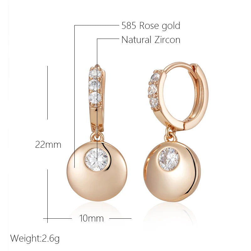 Kinel Fashion Simple Glossy Round Coin Dangle Earrings Women 585 Rose Gold Color With Natural Zircon Party Daily Fine Jewelry