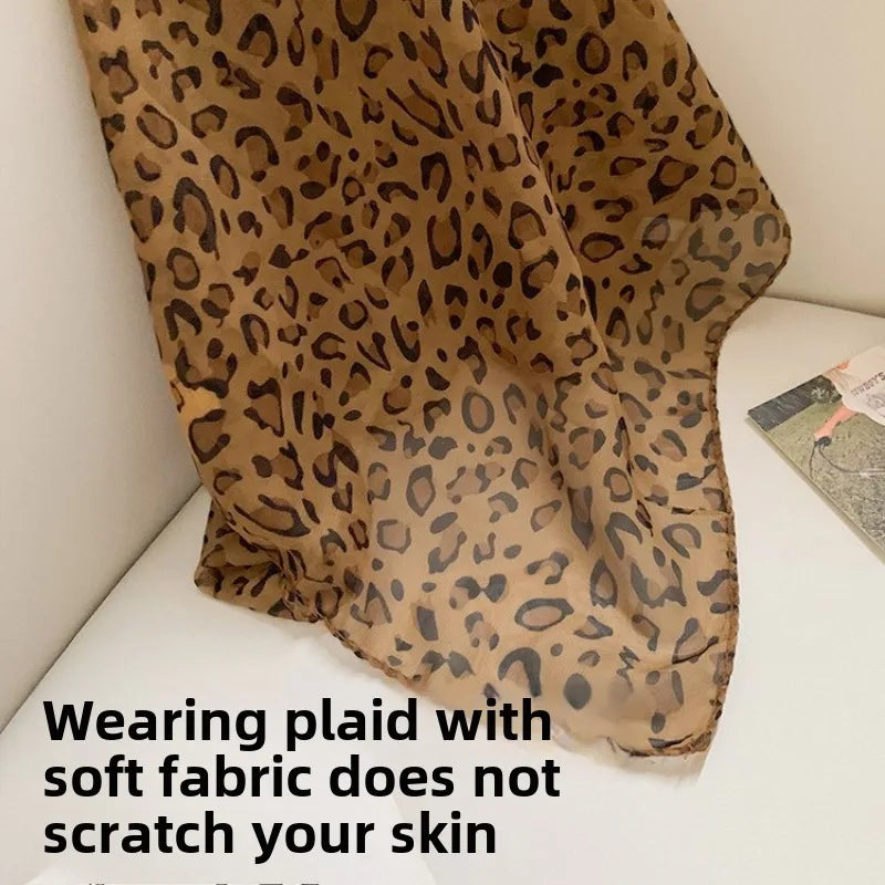 Retro Leopard Print Square Scarf for Women Satin Thin Edge Scarves Head Band Fashion Y2K Lady Hair Shawl Wrap Female Neckerchief