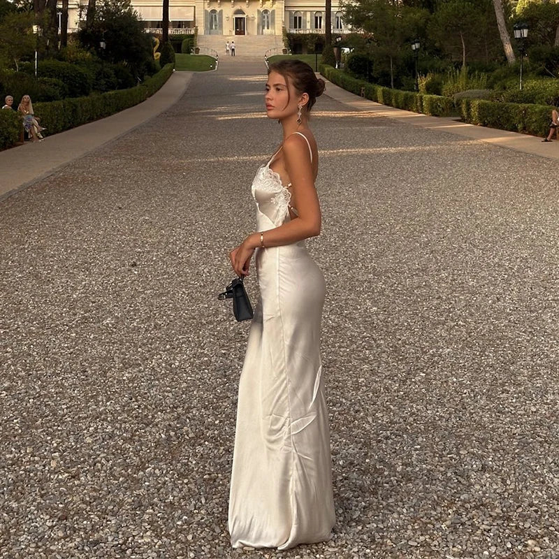 Chic Lace Patchwork Sling Maxi Dress Women Sexy V-neck Sleeveless Backless Satin Slim Long Gown Lady Evening Party Dresses 2026