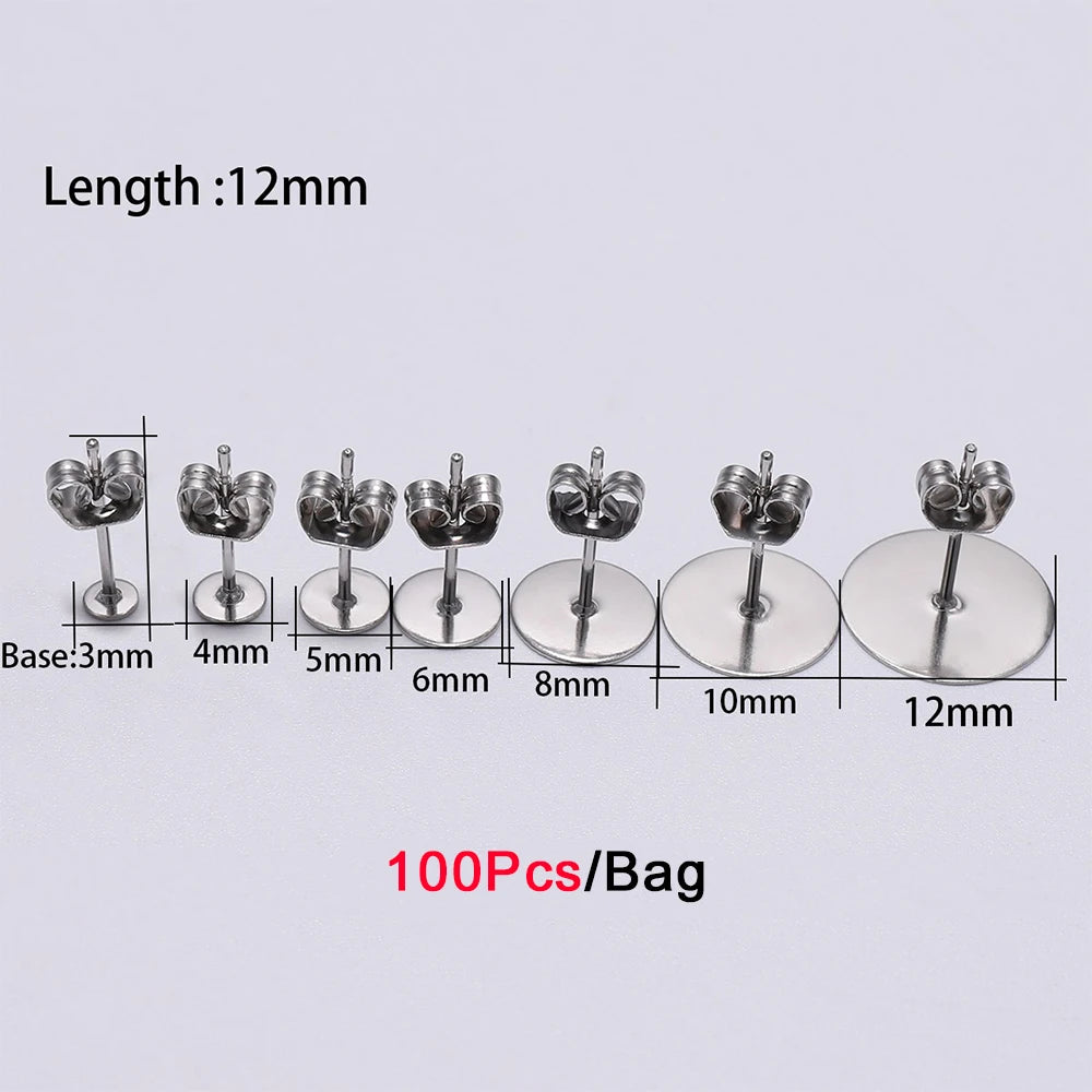 10-100 piezas/lote de bases de pendientes de acero inoxidable en blanco de 3-12mm con tapón de pendiente para hacer joyas DIY