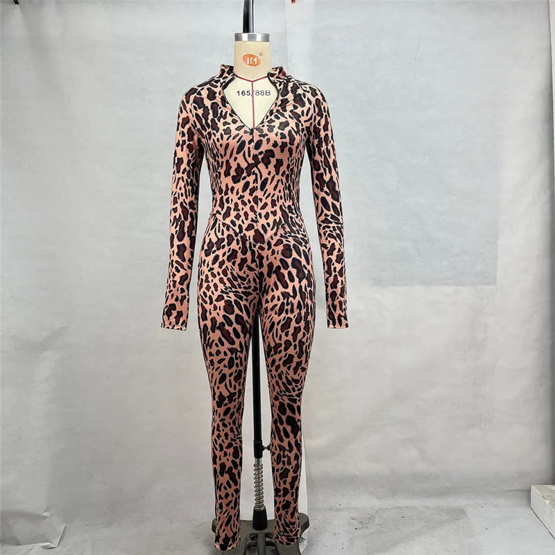 Shestyle Brown Leopard Zip Up Jumpsuits for Women Skinny Mock Neck Sexy Hand Hole Rompers Fitness Outwear Sporty Casual2024 New