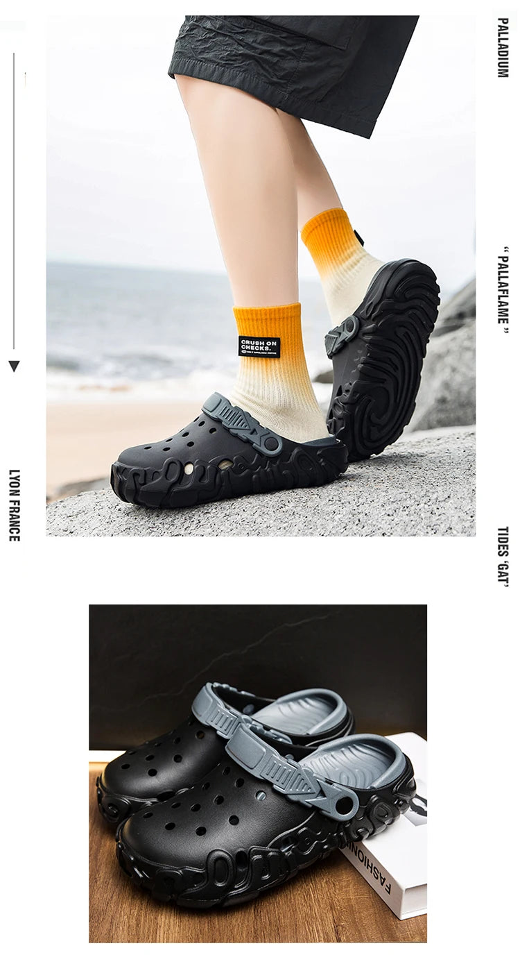 Hollow-Out Shoes for Men, Summer Outdoor Wear, Non-Slip, Wear-Resistant, Closed-Toe Sandals, Men's Beach Casual Sports Soft-Soled Slippers